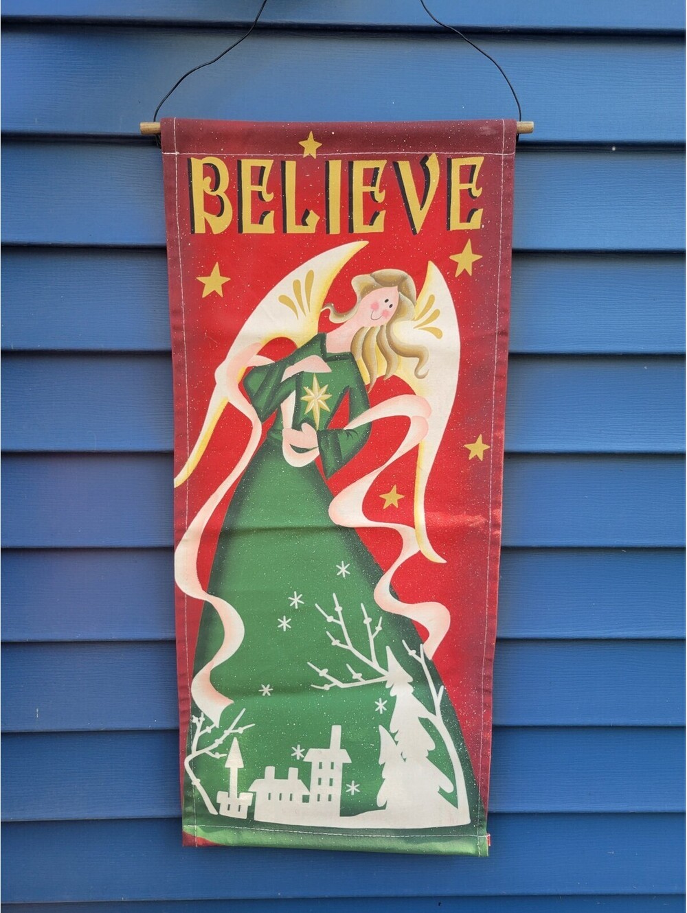 Vtg Canvas Christmas Wall Hanging Banner Believe